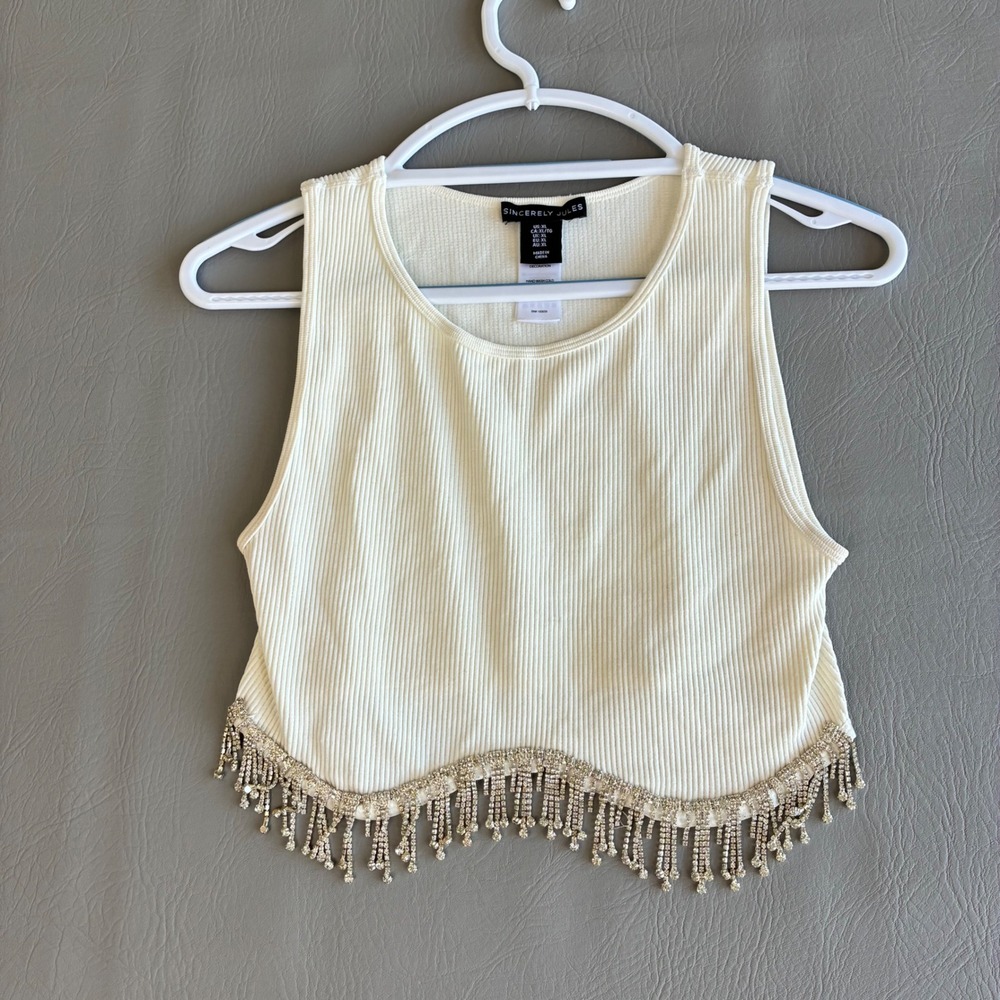 Sincerely Jules Rhinestone Fringe Ribbed Crop Top Ivory Sleeveless Rave Party XL